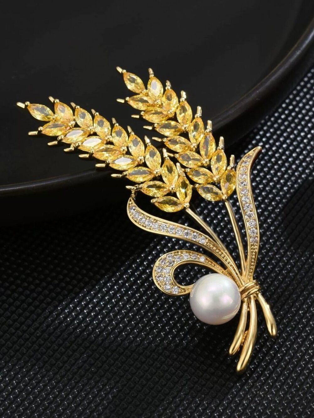 Gold Crystal Pearl Wheat Brooch